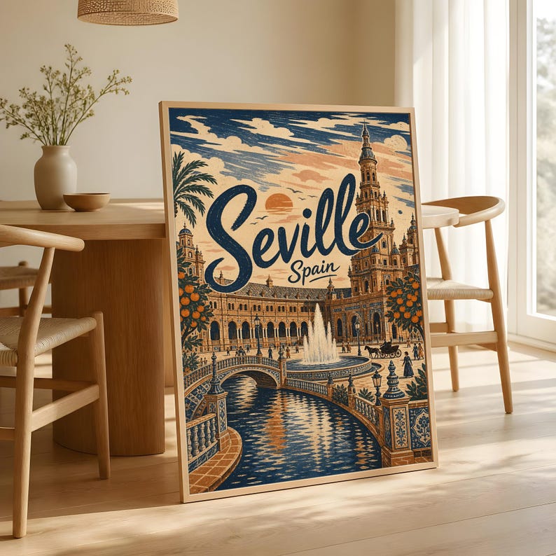 Sevilla reseposter, vintage Spanien väggkonst, andalusisk torgdekor bild 1
