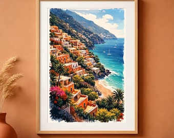 Amalfi Coast Watercolor Print | Italian Seaside Town, Mediterranean Coastal Decor (Digital Download)