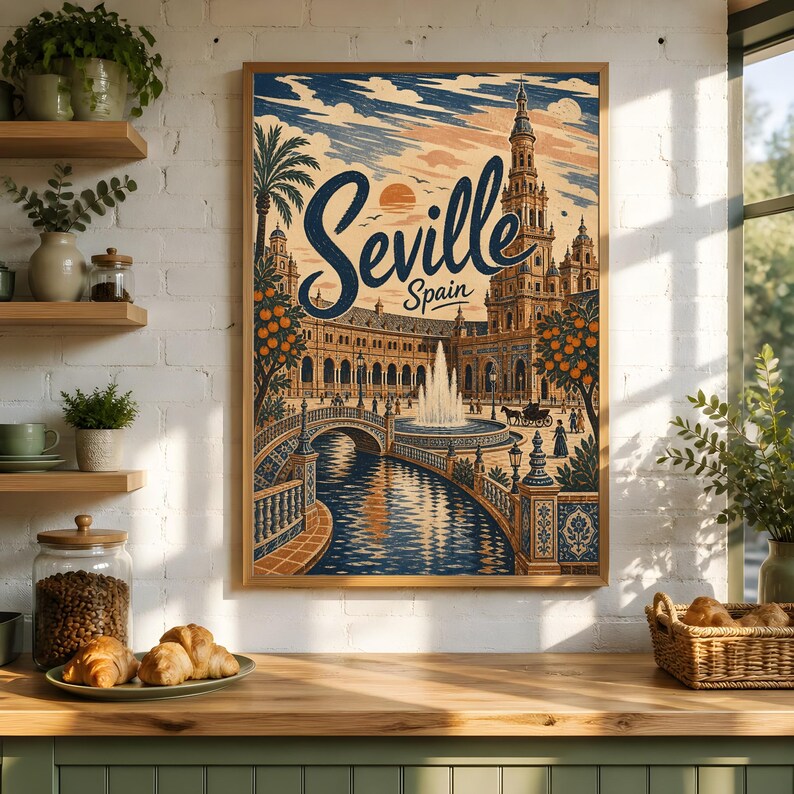 Sevilla reseposter, vintage Spanien väggkonst, andalusisk torgdekor bild 9