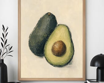 Avocado Wall Art, Minimalist Kitchen Decor, Vintage Food Illustration