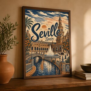 Sevilla reseposter, vintage Spanien väggkonst, andalusisk torgdekor bild 3