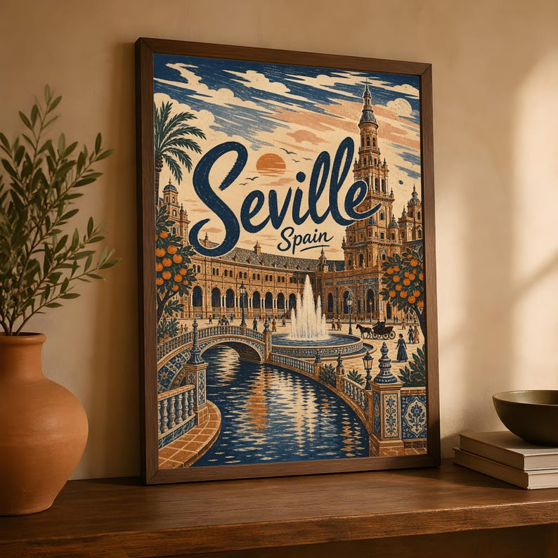 Sevilla reseposter, vintage Spanien väggkonst, andalusisk torgdekor bild 3