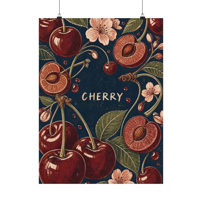 Cherry Matte Poster, Vintage Fruit Wall Art, Retro Kitchen Decor image 2
