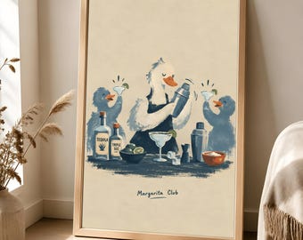 Margarita Duck Poster, Retro Cocktail Bar Art, Quirky Kitchen Decor
