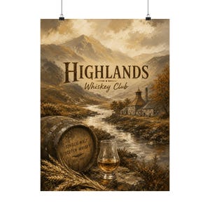 Scottish Highlands Whiskey Poster, Rustic Distillery Landscape Wall Art image 2