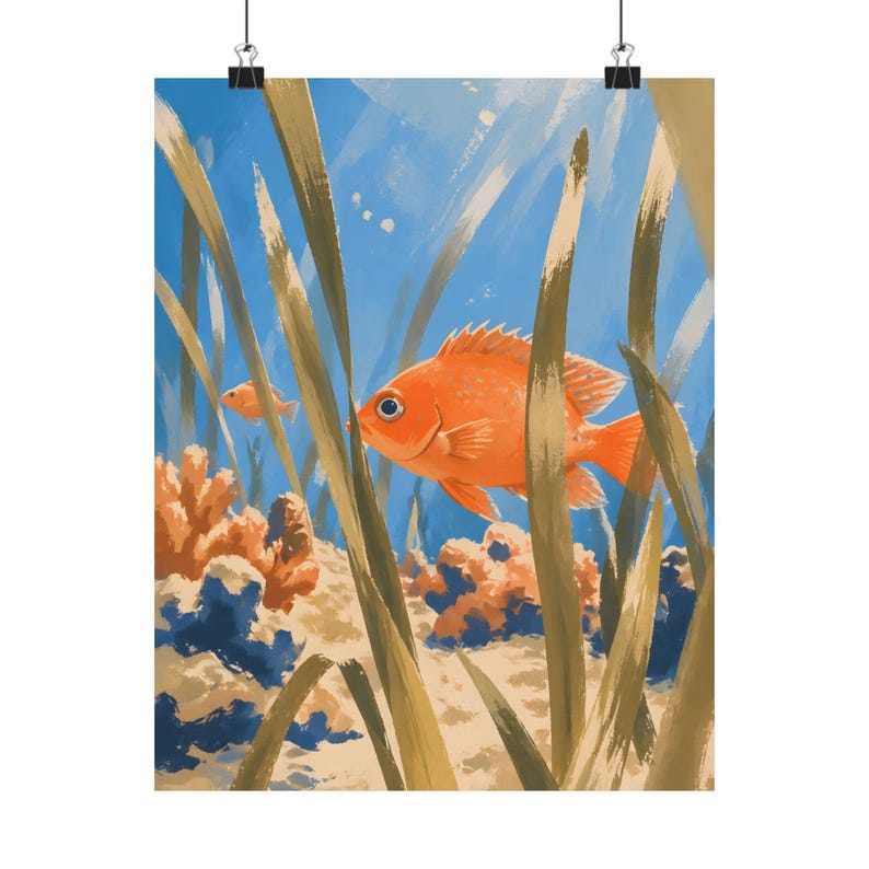 Cuadro decorativo de peces naranjas, póster costero oceánico, decoración submarina de playa. imagen 2