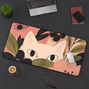 Alfombrilla de escritorio floral con diseño de gato espiando / Alfombrilla de ratón botánica rosa imagen 1