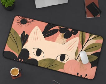 Tapete de mesa floral com gatinho espiando | Mousepad botânico rosa