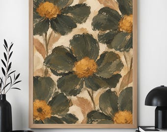 Marineblaues Blumenposter, strukturierte botanische Wandkunst, Vintage-Blumendeko