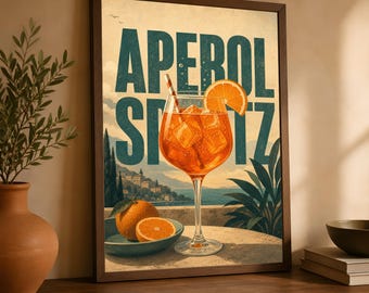 Aperol Spritz Wall Art, Italian Cocktail Drink Print, Vintage Bar Decor Poster