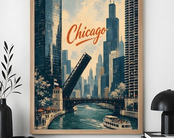 Chicago Skyline Poster, Vintage Riverfront Travel Art