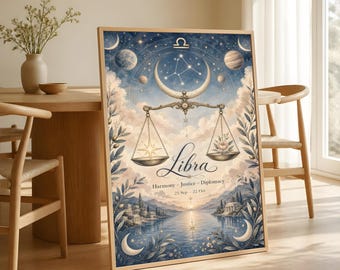 Affiche du signe astrologique de la Balance, décoration murale astrologique céleste, style vintage.