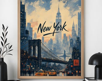 New York City Poster, Vintage Skyline Wall Art, Brooklyn Bridge Decor