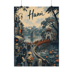 Hanoi Travel Poster, Hoan Kiem Lake Vintage Vietnam Wall Art image 2