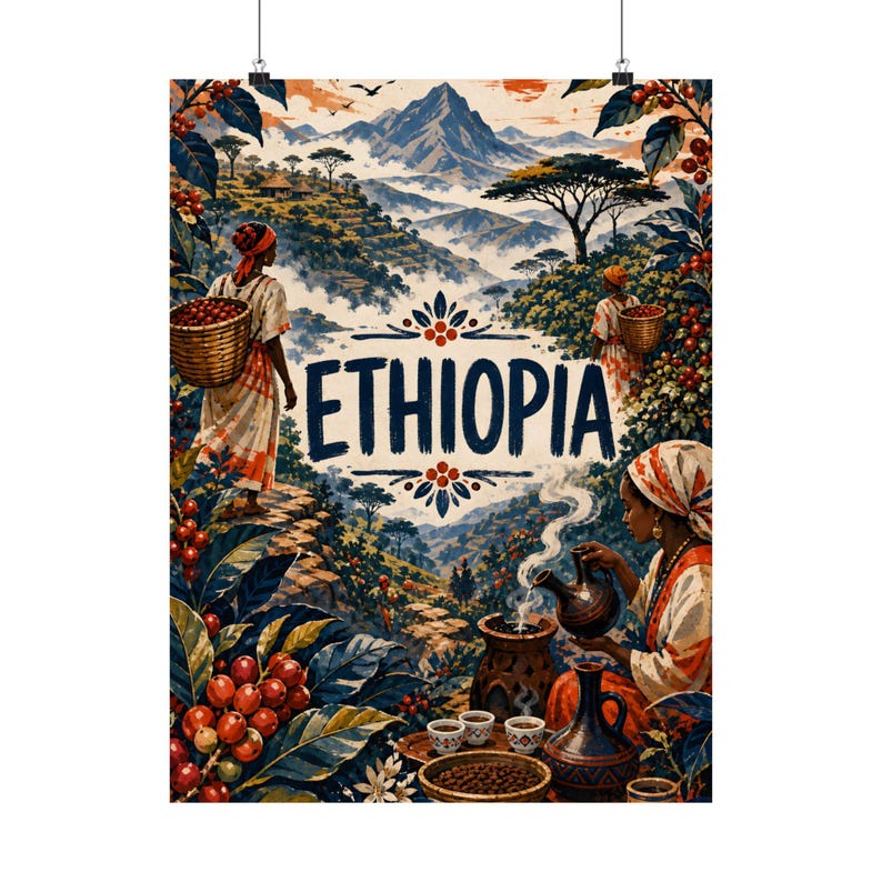 Ethiopian Coffee Harvest Wall Art, Vintage Travel Poster, African Home Decor image 6