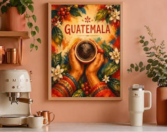 Guatemala Coffee Wall Art, Vintage Kitchen Corner Poster, Coffee Lover Print