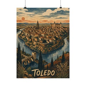 Toledo Spain Poster, Vintage Linocut Travel Art, Spanish City Wall Decor image 2