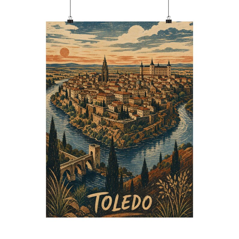 Toledo Spain Poster, Vintage Linocut Travel Art, Spanish City Wall Decor image 2