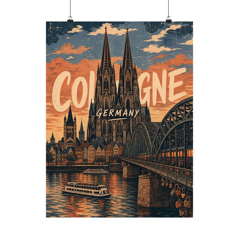 Poster van de Dom van Keulen, vintage reiskunst uit Duitsland, wanddecoratie met afbeeldingen van de Rijn. afbeelding 4