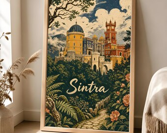 Pena Palace Poster, Sintra Portugal Travel Art, Scandinavian Linocut Decor