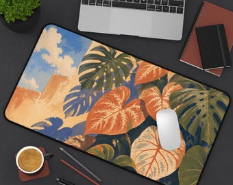 Tapete de mesa com folhas tropicais de Monstera | Mousepad com ilustração botânica de plantas