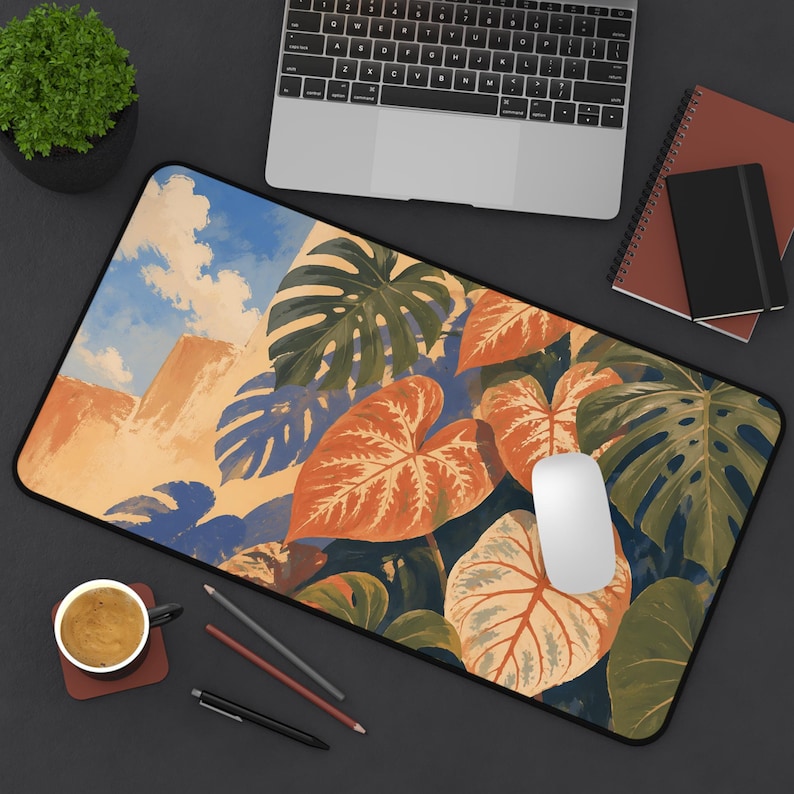 Alfombrilla de escritorio con hojas de monstera tropical / Alfombrilla de ratón con ilustración botánica de plantas imagen 1