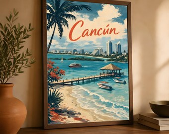 Cancún Travel Poster, Vintage Mexico Beach Wall Art