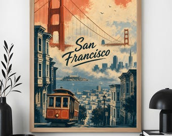 San Francisco Poster, Vintage Golden Gate Bridge Travel Art