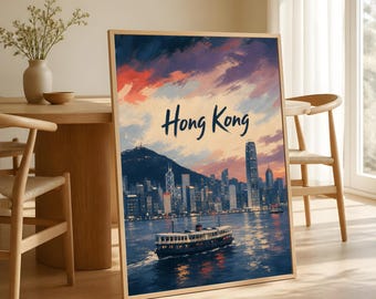 Hong Kong Travel Poster, Victoria Harbour Skyline Art, Star Ferry Decor