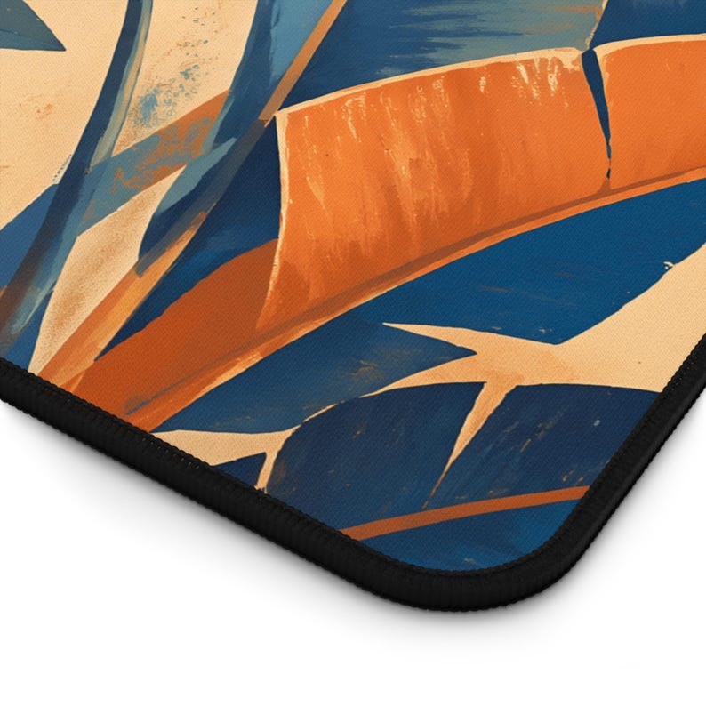 Tropical Banana Leaves Desk Mat | Blue Orange Botanical Mouse Pad image 3