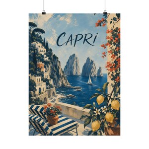 Capri Italy Poster, Vintage Mediterranean Travel Art, Amalfi Coast Decor image 2