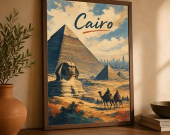 Cairo Travel Poster, Vintage Egypt Wall Art, Giza Pyramid Decor