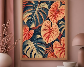 Tropical Leaf Wall Art, Retro Botanical Poster, Maximalist Home Decor Print