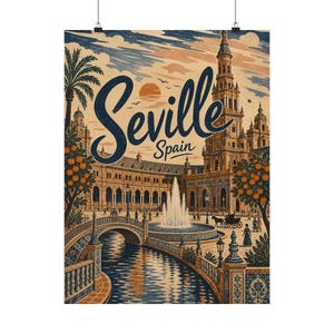Sevilla reseposter, vintage Spanien väggkonst, andalusisk torgdekor bild 11