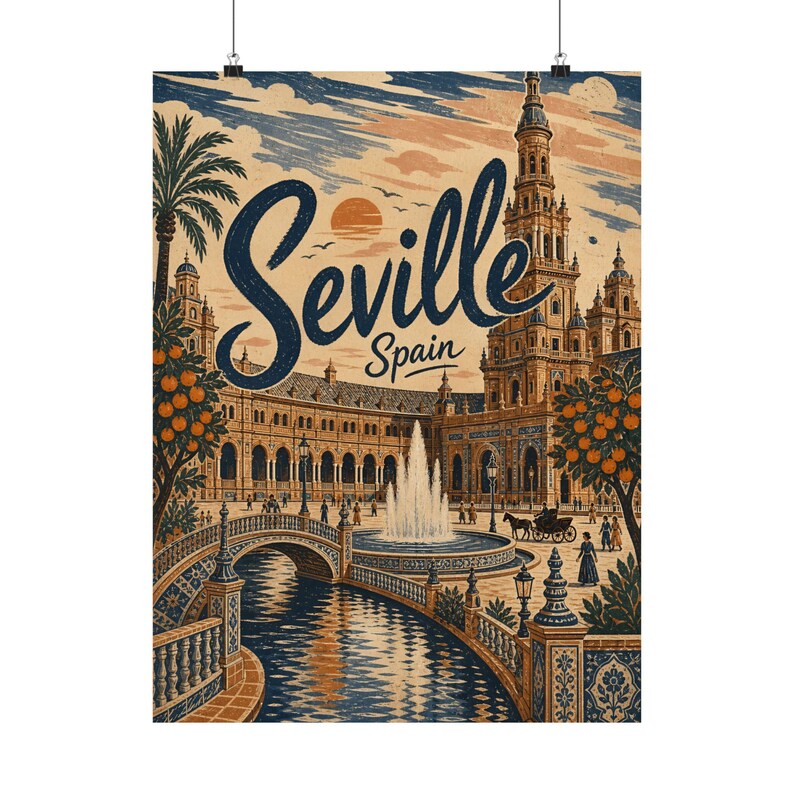 Sevilla reseposter, vintage Spanien väggkonst, andalusisk torgdekor bild 11
