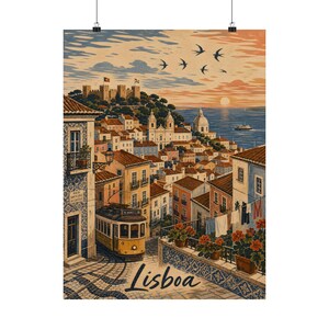 Affiche de voyage à Lisbonne, paysage urbain d'Alfama, art mural du Portugal image 2