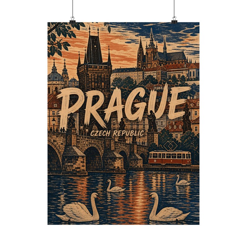 Reisposter Praag, vintage muurdecoratie Tsjechië, decoratie Karelsbrug afbeelding 2