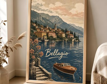 Bellagio Travel Poster, Lake Como Wall Art, Italian Riviera Decor