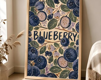 Blueberry Kitchen Poster, Vintage Fruit Wall Art, Cottagecore Botanical Decor