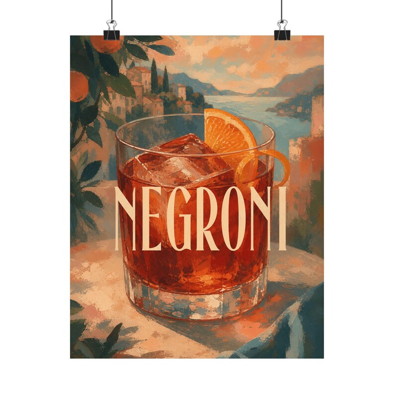 Plakat z koktajlem Negroni, włoskim aperitivo, śródziemnomorski wystrój domu zdjęcie 2