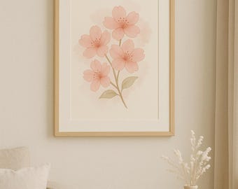 Impresión de acuarela de Sakura suave, arte minimalista de flor de cerezo japonesa, decoración de pared floral japonesa neutra