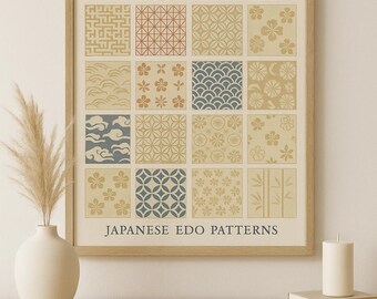 Impresión con patrón japonés Edo, póster tradicional japonés, arte mural minimalista estilo washi, decoración imprimible Japandi