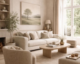 Japandi Tree Landscape Wall Art Printable | Minimalist Neutral Japanese Decor