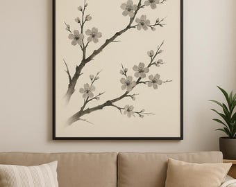 Arte de parede em tinta japonesa Sakura | Impressão minimalista de flor de cerejeira