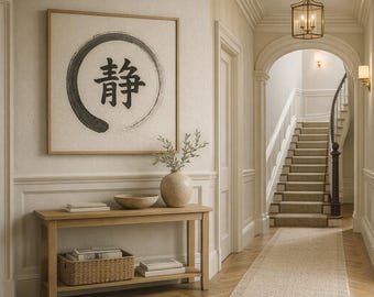 Décoration murale Zen Enso avec kanji « Calme » | Cercle d'encre japonais minimaliste | Décoration de méditation Japandi