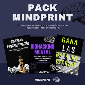 May include: A promotional image for the "MindPrint" pack, featuring three books with titles in Spanish. The books are titled "SUPERA LA PROCRASTINACIÓN", "BIOHACKING MENTAL", and "GANA LAS BATALLAS DIARIAS". The image includes a brain graphic.