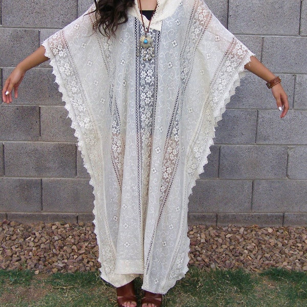 Vintage boho hippie cream lace crochet caftan maxi dress