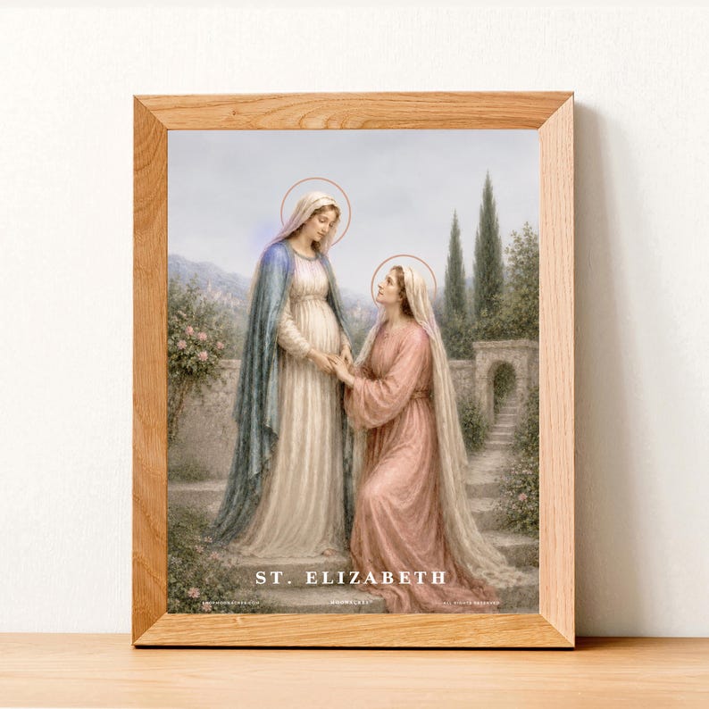 Puede incluir: Una impresi&oacute;n enmarcada que representa una escena religiosa con dos mujeres con t&uacute;nicas y halos, ambientada en un jard&iacute;n con monta&ntilde;as al fondo. El texto "ST. ELIZABETH" est&aacute; en la parte inferior.