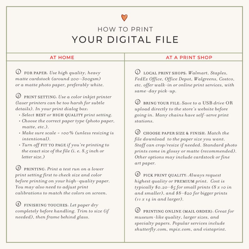 Puede incluir: Infograf&iacute;a color crema con el t&iacute;tulo &laquo;C&oacute;mo imprimir tu archivo digital&raquo;. El texto proporciona instrucciones para imprimir en casa y en una tienda de impresi&oacute;n, incluida la selecci&oacute;n de papel, la configuraci&oacute;n de impresi&oacute;n y los acabados.
