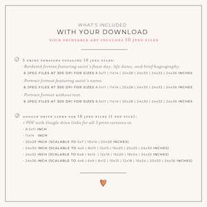Puede incluir: Descripci&oacute;n de un producto de descarga digital beige con el texto "WHAT'S INCLUDED WITH YOUR DOWNLOAD". Incluye 18 archivos JPEG en varios tama&ntilde;os, incluyendo 21,6x28cm, 28x35,6cm, 50,8x71,1cm, 61x76cm, 61x81cm y 61x91cm. La descarga tambi&eacute;n incluye enlaces de Google Drive.